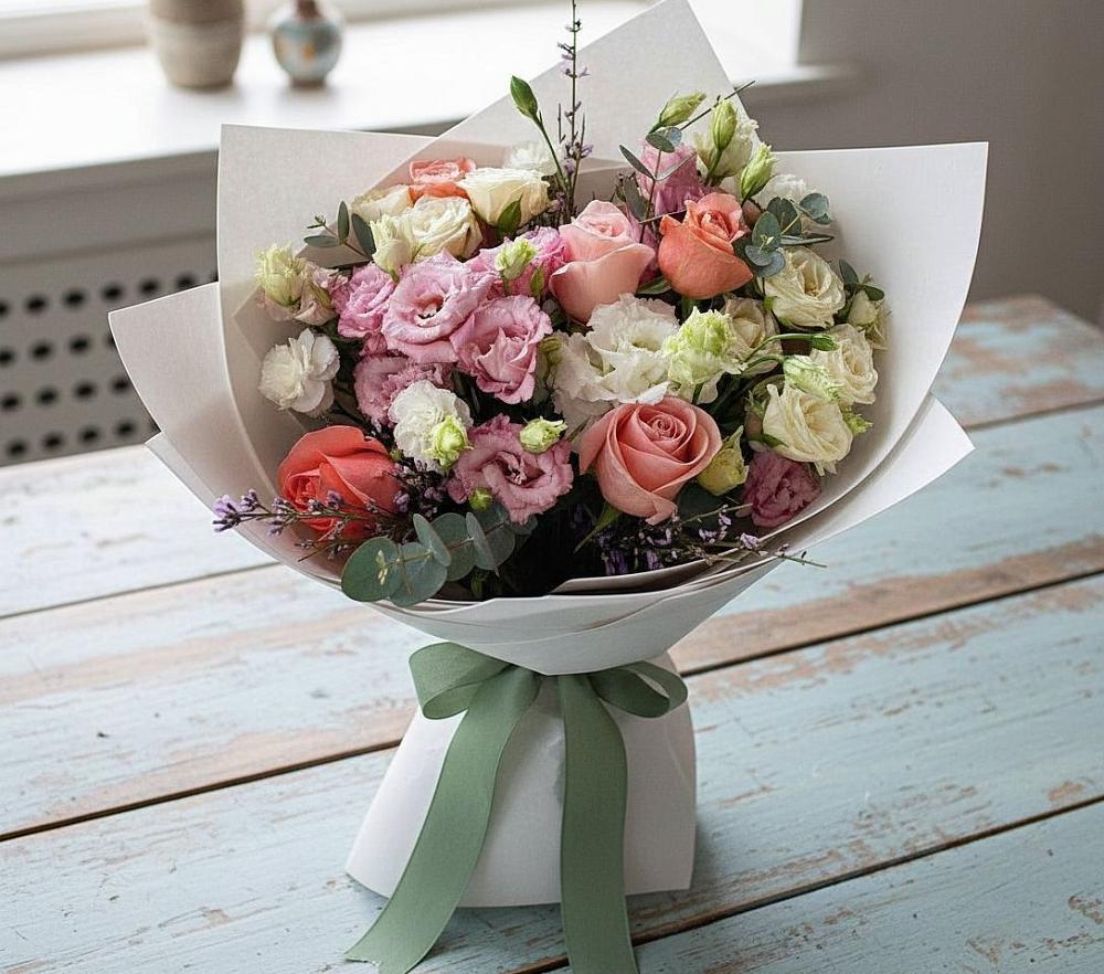 Букет цветов из: Розы, Лизиантусы и Гвоздики в Лысогорской