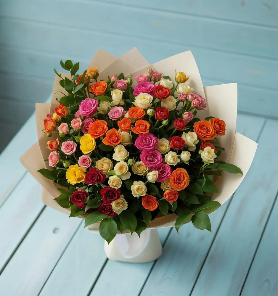 Букет Микс из разноцветных кустовых роз в Лысогорской