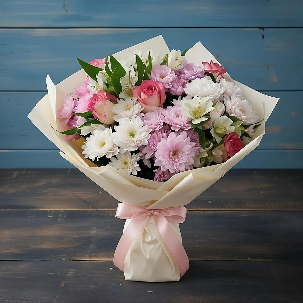 Букет цветов из: Хризантемы, Альстромерии и Розы в Лысогорской